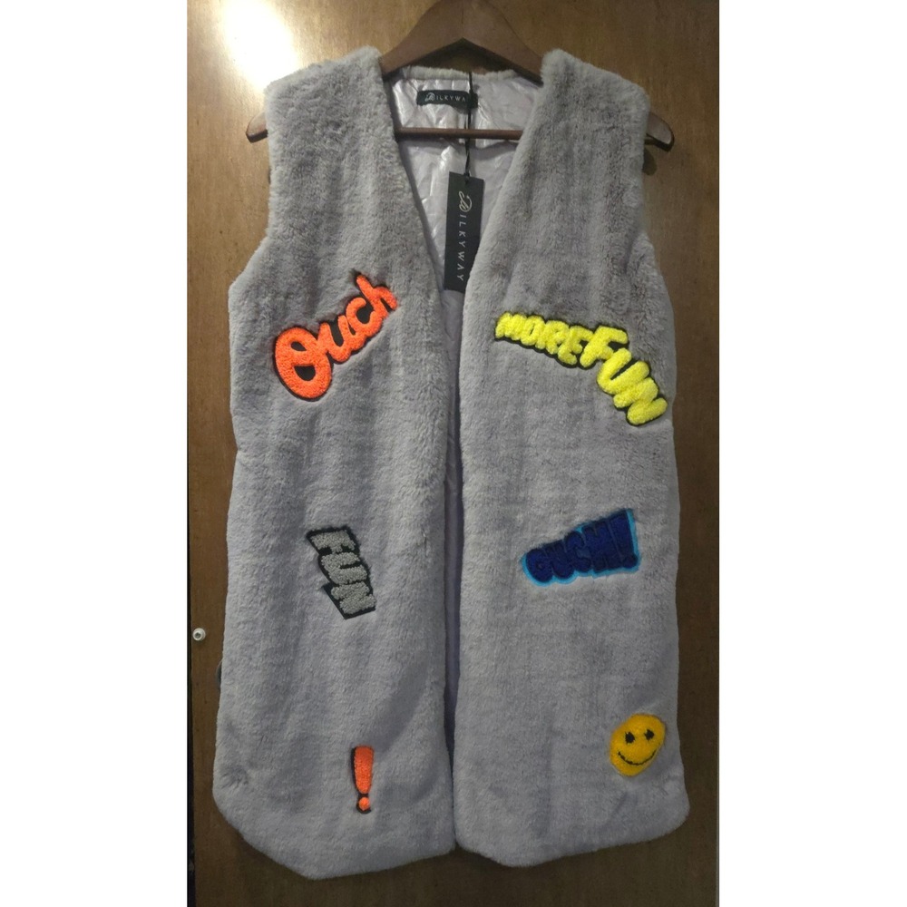 Y2K Milky Way Womens Faux Fur Patch Vest Grey‎ Ouch More Fun Smiley Small NWT